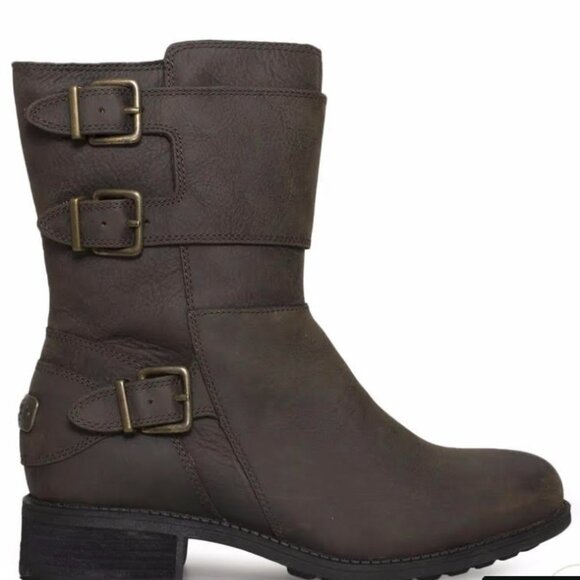 UGG Wilcox Water Resistant Black Leather Wool Lining Biker-Style Boots Size 7 - Picture 1 of 7